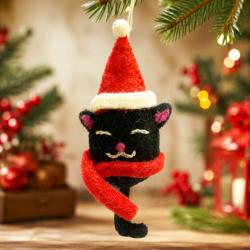 Hanging Decoration Handcrafted Felt Black Cat Red Hat 3x15cm