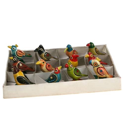 Box of 12 painted wooden birds, assorted 4cm