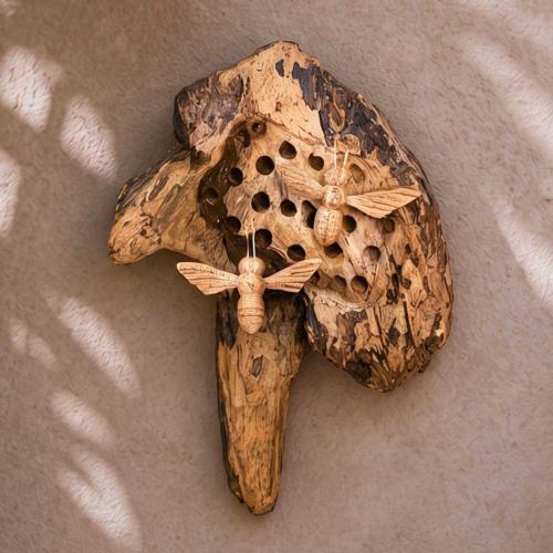 Hand-Carved Wild Bee Hive with Three Bees