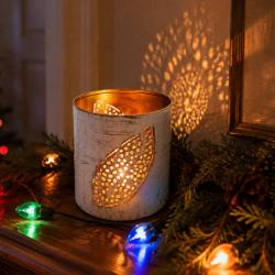 Tealight Holder Whitewashed Metal Leaf Pattern 6.5 x 6 cm