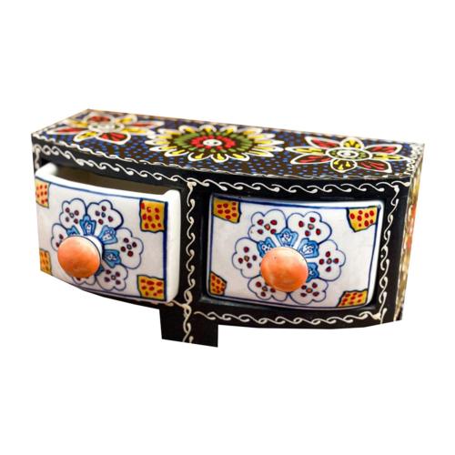Mini Chest Curved Mango Wood 2 Ceramic Drawers 21x12x10cm
