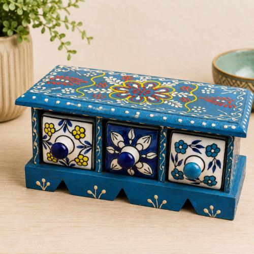 Mini Chest Mango Wood Blue 3 Ceramic Drawers 23x10x10cm