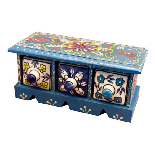 Mini Chest Mango Wood Blue 3 Ceramic Drawers 23x10x10cm
