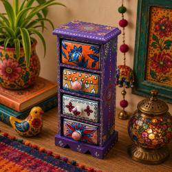 Mini Chest Mango Wood Purple 4 Ceramic Drawers Vertical 14x10x30cm