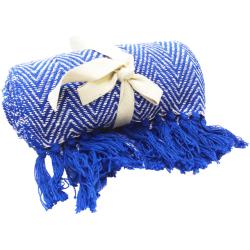 Throw/Bedspread Soft Recycled Cotton Chevron Design Blue 150x125cm