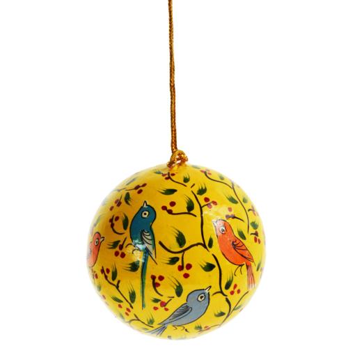 Hanging bauble, birds on yellow, papier maché