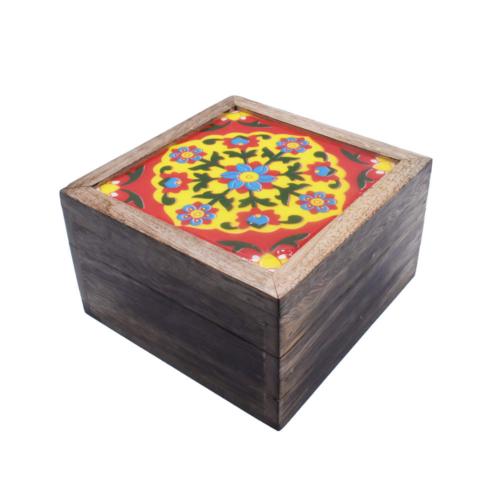 Secret Lock Box Mango Wood with Tile - Floral on Red