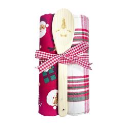 2 Christmas Tea Towels + Wooden Spoon Recycled Cotton