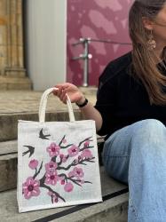 Jute shopping bag, square, cherry tree with swallows