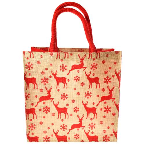 Jute shopper or Christmas gift bag, reindeer design, 30x30cm