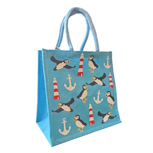 Jute shopping bag, Lighthouse and Puffins 30x30cm