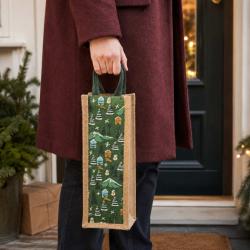 Jute Bottle Gift Bag, Winter Scene 10x36cm