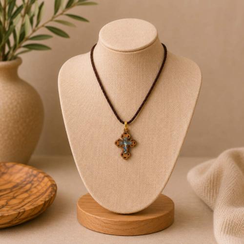 Pendant olive wood, cross with Mother of Pearl, 2.25 x 3cm