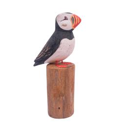 Hand-Carved Albesia Wood Puffin on Driftwood Log