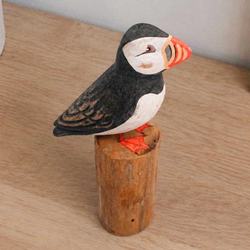 Hand-Carved Albesia Wood Puffin on Driftwood Log