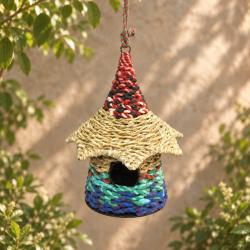 Birdhouse recycled fabric in wizard hat shape, 25x25x31cm, made in India