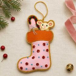 Hanging Decoration Embroidered Mouse in Christmas Stocking