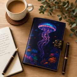 Notebook with Clasp Leather Bound Jellyfish 13 x 18cm