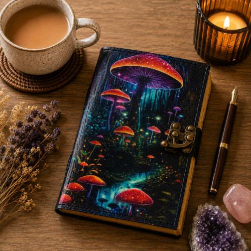 Notebook with Clasp Leather Bound Toadstools 13 x 18cm
