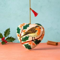 Hanging Heart Decoration Papier Mâché Robin Design 6.5cm
