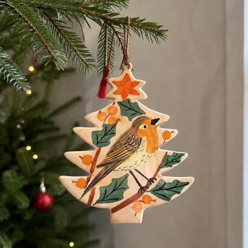Hanging Tree Shape Decoration Papier Mâché Robin Design 10cm