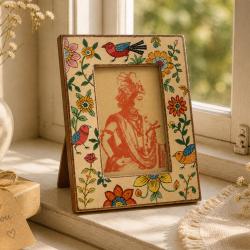Photo Frame Hand Painted Wood Floral & Bird 4x6 inch Photo