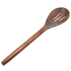 Slotted round spoon hand carved Siris wood 25 x 6cm