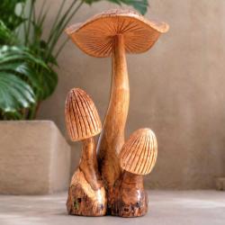 Hand-Carved Three Toadstool Sculpture (36cm)