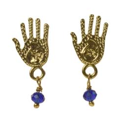 Stud earrings hamsa hand gold colour purple blue bead
