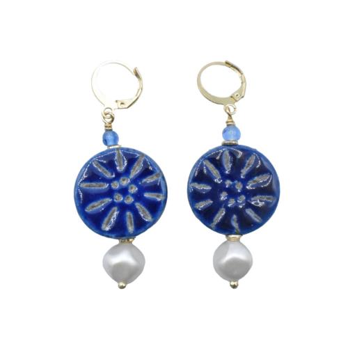 Earrings Ceramic Circle Grey Flower on Blue