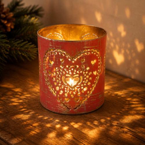 Tealight Holder Metal Red Hearts 6 x 6cm