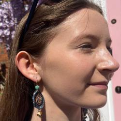 Earrings recycled denim jeans, circle with inner coil 2 cloth beads