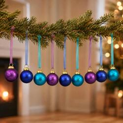 Box of 9 Glass Tree Decorations Round Blue Lilac Violet