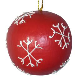 Hanging Christmas Bauble, Albesia Wood Red With Snowflakes 6cm
