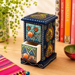 Mini Chest Mango Wood Blue 2 Ceramic Drawers Vertical 10x10x17cm