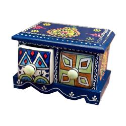 Mini Chest Mango Wood Blue 2 Ceramic Drawers 16x10x10cm