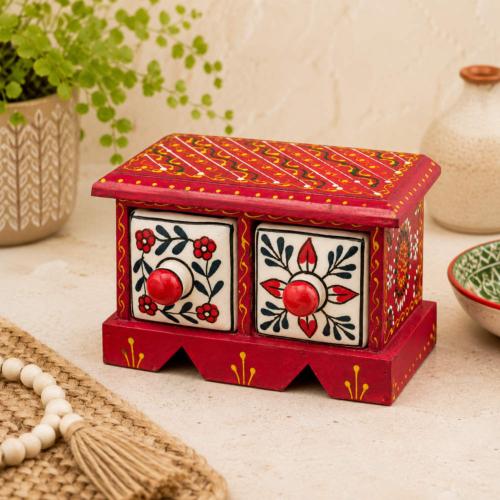 Mini Chest Mango Wood Red 2 Ceramic Drawers 16x10x10cm