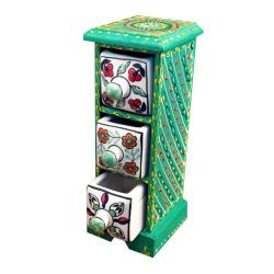 Mini Chest Mango Wood Green 3 Ceramic Drawers Vertical 10x10x25cm