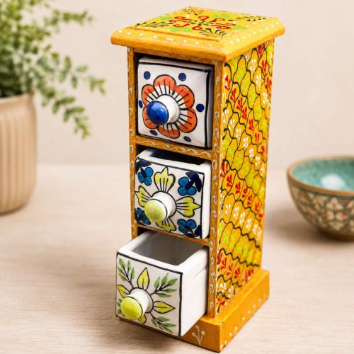Mini Chest Mango Wood Yellow 3 Ceramic Drawers Vertical 10x10x25cm