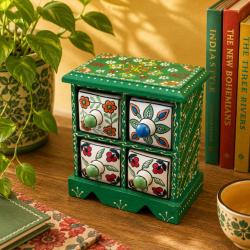 Mini Chest Mango Wood Green 4 Ceramic Drawers 17x10x17cm