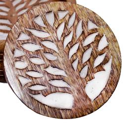 Set of 4 round coasters in holder, mango wood, Tree of Life design, 12x12x5cm
