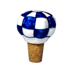 Cork wine bottle stopper, scalloped, blue & white checks