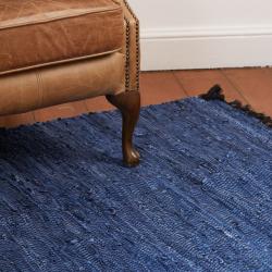 Rag rug recycled leather blue 100x150cm