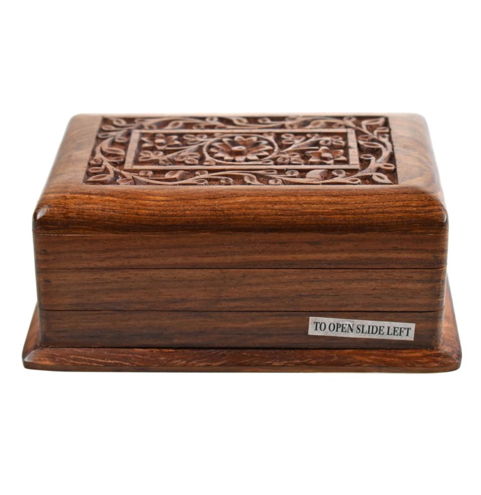 Secret Lock Box Hand Carved Sheesham Wood with Floral Carving 16.5x11