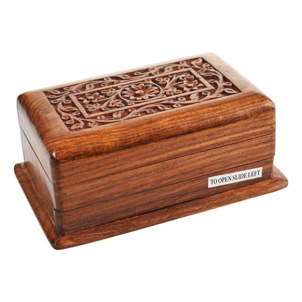 Secret Lock Box Hand Carved Sheesham Wood with Floral Carving 16.5x11