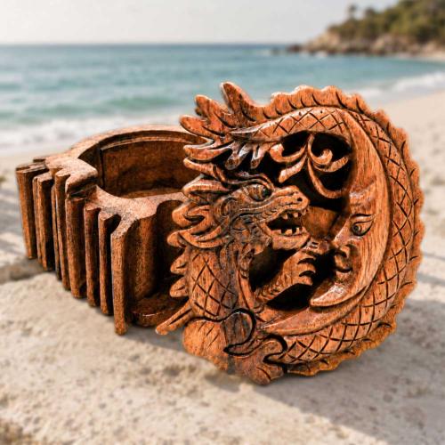 Dragon and Moon Puzzle Box Suar Wood