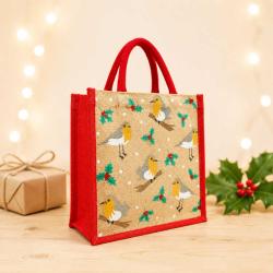 Jute shopper or Christmas gift bag, robins design 25x25cm