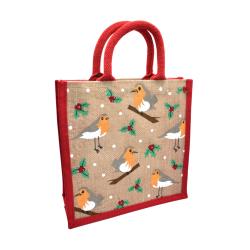 Jute shopper or Christmas gift bag, robins design 25x25cm