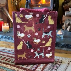 Jute shopping bag, small, Cats burgundy 20x25cm