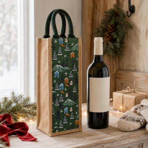 Jute Bottle Gift Bag, Winter Scene 10x36cm